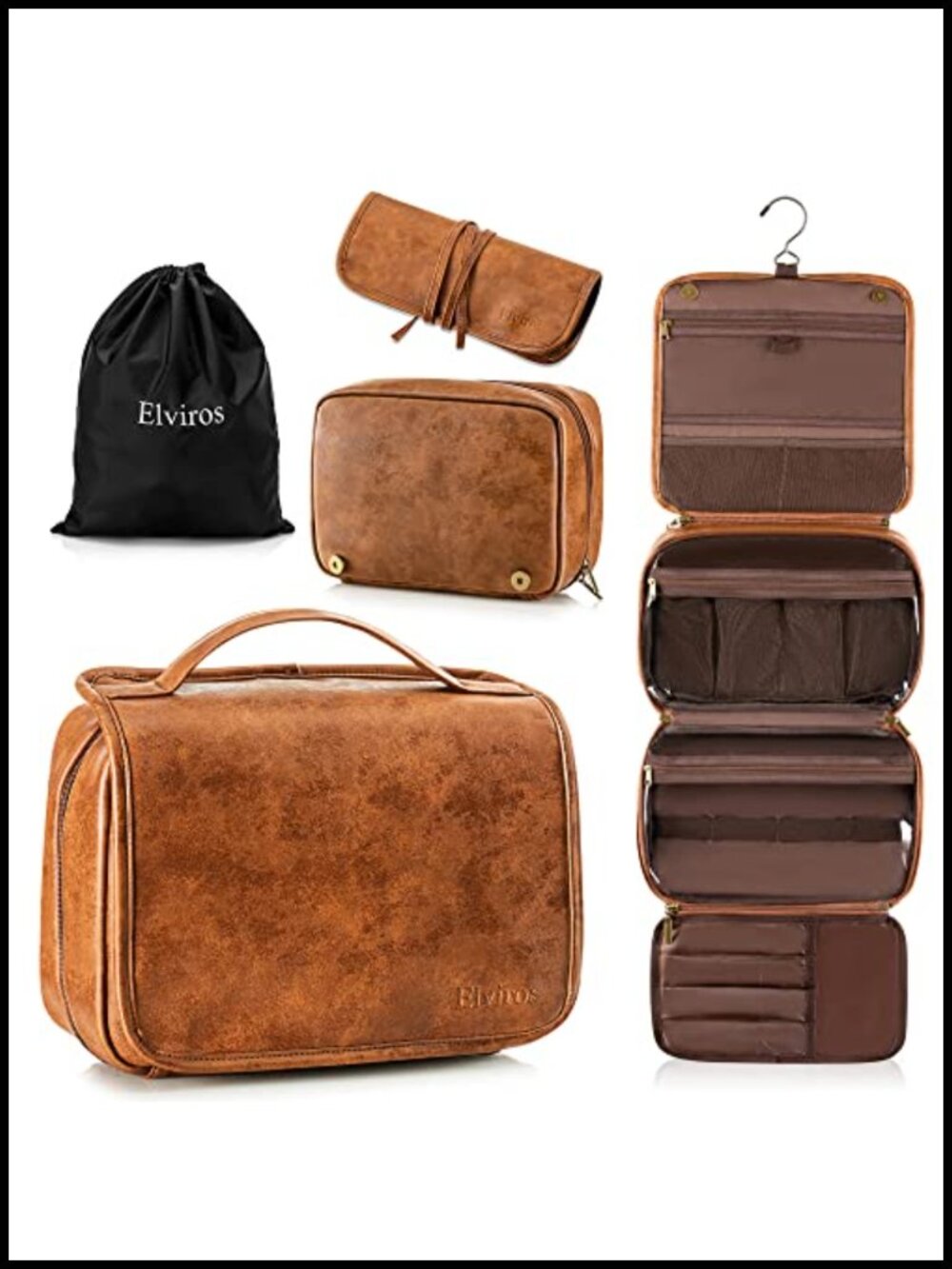 Men PU Leather Hanging Travel Toiletry Bag Shaving Dopp Kit 3-in-1 Detachable
